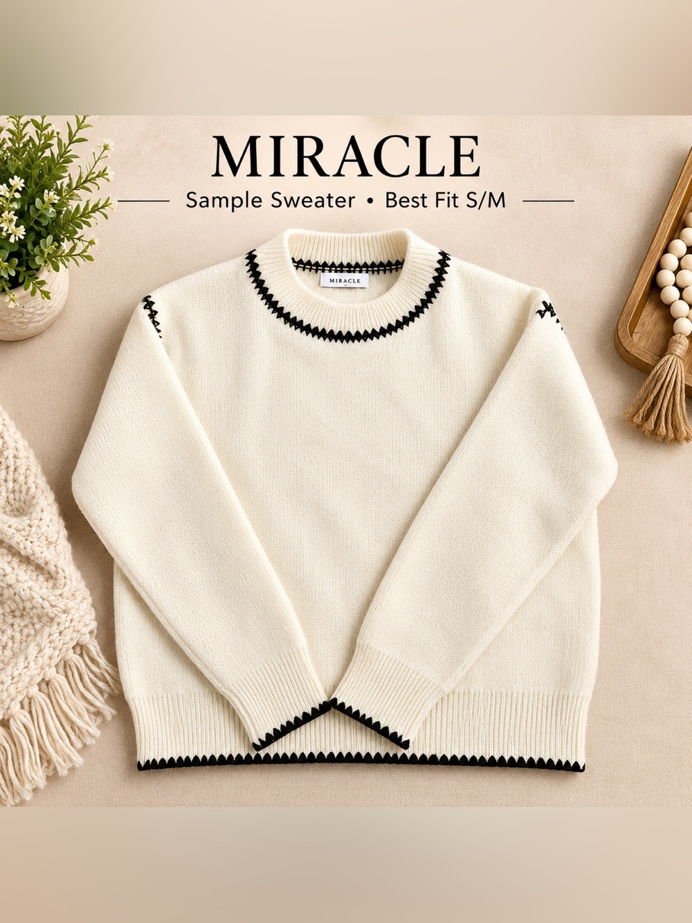 Miracle Cream Crewneck Sweater with Black Zigzag Trim
